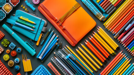 Colorful stationary school supplies like pencils and notebooks on flat background.  - Powered by Adobe