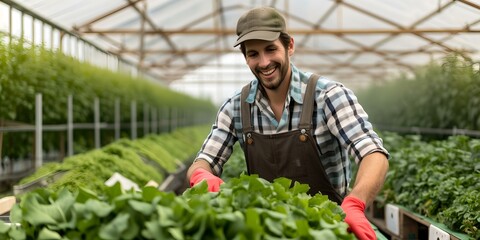 Smiling farmer tending to plants in a lush greenhouse environment. casual wear, agricultural specialist at work. AI - obrazy, fototapety, plakaty