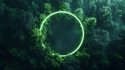 Top view, a glowing neon green circle in the middle of a dense forest