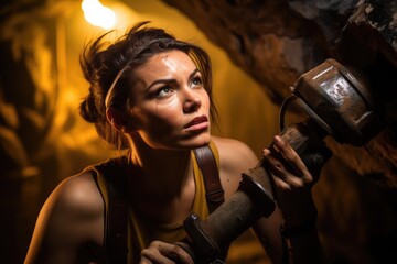 Amid the subterranean shadows, a woman doing miner job, eyes reflecting a world of determination and hard earned skill