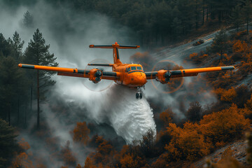 A firefighting plane pours water on a forest fire