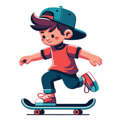 happy cute little kid boy playing skateboard vector illustration, boy skater design template isolated on white background