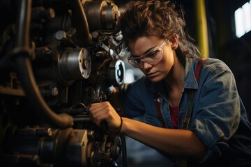 focused young woman works meticulously on complex machinery, embodying skill and determination