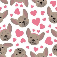 Seamless pattern of cute French bulldog heads with hearts for Valentine's Day