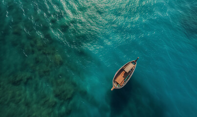 Boat on the water surface from top view, turquoise blue water background from top view, summer seascape from air, island, travel and vacation image