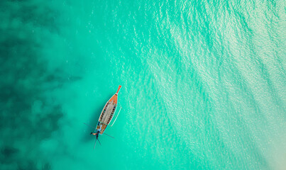 Fototapeta premium Boat on the water surface from top view, turquoise blue water background from top view, summer seascape from air, island, travel and vacation image
