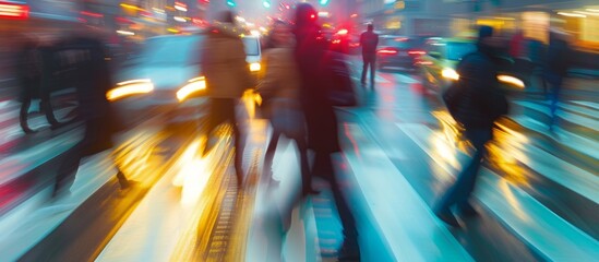 Blurred image of pedestrians crossing city street.