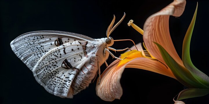 White butterfly perched on blooming orange lily. nature close-up. delicate insect on a vibrant flower against a dark background. serene macrophotography scene. AI