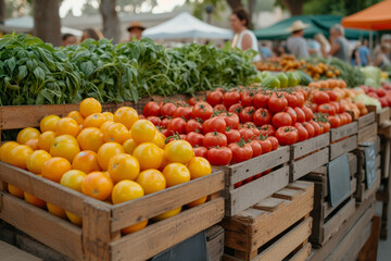 An image of a local farmers' market bustling with activity, promoting the benefits of supporting local agriculture and reducing the carbon footprint. Generative Ai.