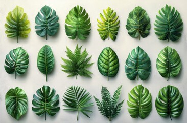 Watercolor Collection of green leaves, a white Background - obrazy, fototapety, plakaty