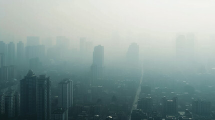 Aerial view of Asian city full of Smoke and smog from PM 2.5 dust, Cityscape of buildings with bad weather and air pollution, Toxic haze in the city, Unhealthy air pollution dust, environment problem. - obrazy, fototapety, plakaty