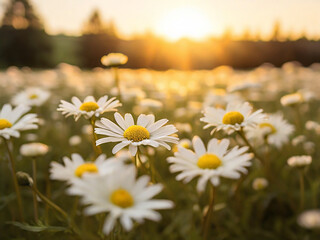 Fototapeta premium A breathtaking field of white daisies, illuminated by the warm glow of the setting sun. The grassy meadow is blurred, creating a dreamy and ethereal atmosphere.