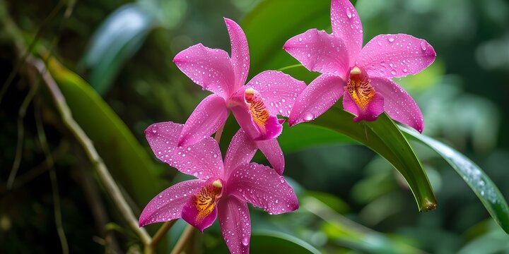 Vibrant pink orchids with dewdrops in a lush greenhouse. a serene, natural elegance captured in a photo. perfect for botanical themes. AI