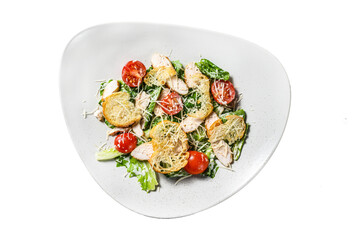Caesar salad with grilled chicken, croutons, quail eggs and cherry tomatoes.  Isolated, Transparent background.