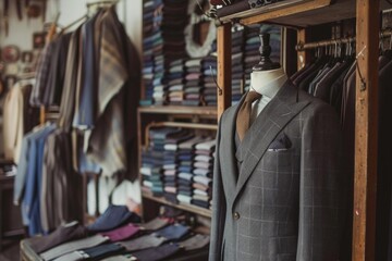 Fototapeta na wymiar Bespoke tailoring studio crafting custom suits and dresses