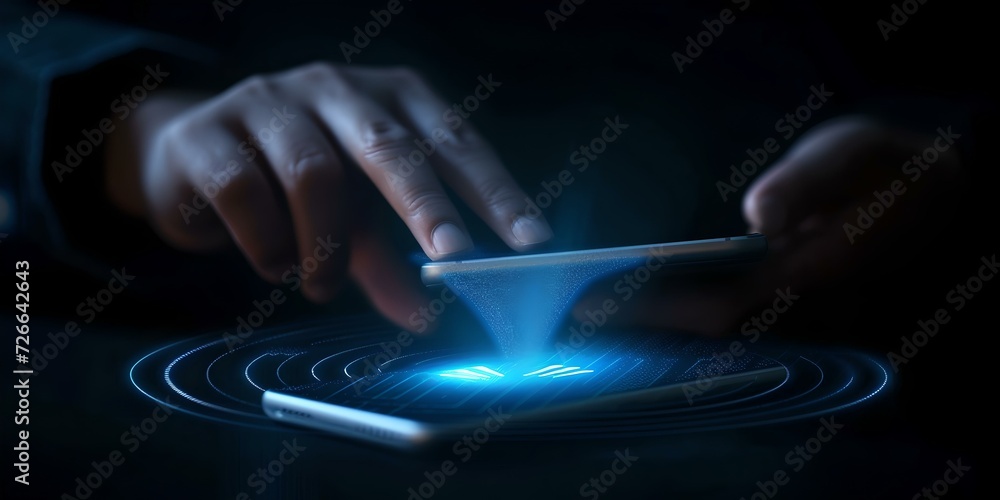 Poster futuristic concept of a hand interacting with a hologram interface. modern technology and communicat