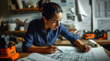 Skilled Latina Engineer Concentrating on Plans - obrazy, fototapety, plakaty