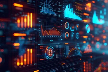 Futuristic interface of a business analytics dashboard showcasing graphs Data And metrics
