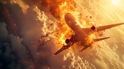 Dramatic airplane exploding mid-air, fiery sky disaster scene, crisis concept illustration with copy space. AI