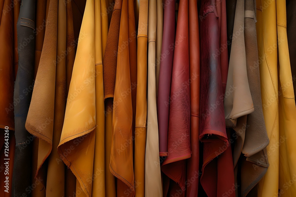 Poster array of luxurious leather sheets in earthy tones displayed. textures and materials for design. focu