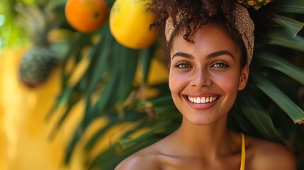 Woman with Tropical Fruits Smiling.
A joyful woman surrounded by tropical fruits, embracing a vibrant summer vibe. - obrazy, fototapety, plakaty