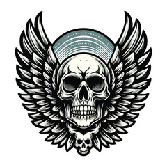 Skull wings vector illustration, winged skull badge emblem template suitable for apparel t-shirt, poster, motorbike club logo, tattoo. Design isolated on white background
