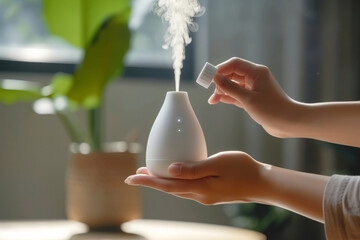Aromatherapy Moment with Essential Oil Diffuser.
Hands holding a white essential oil diffuser, releasing a fragrant mist.
 - obrazy, fototapety, plakaty
