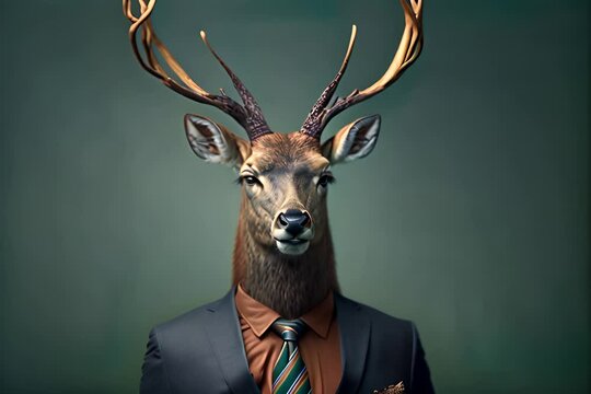 Anthropomorphic deer in suit and tie looks seriously 
