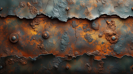 Corroded iron surface showing layers of peeling paint and rust. 3d grunge textures background.
