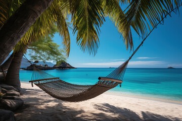 Fototapeta na wymiar An empty hammock between palm trees against the backdrop of the sea and the beach. Holiday and vacation concept. Generated by artificial intelligence