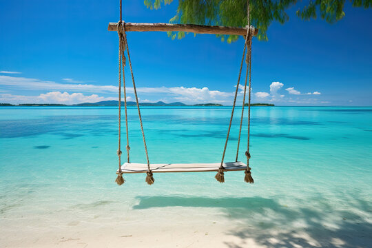Swing over clear water. Paradise holiday. Generated by artificial intelligence