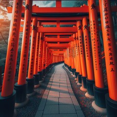 Fototapeta premium The red torii gates walkway path at fushimi inari taisha shrine the one of attraction landmarks for tourist in Kyoto, Japan