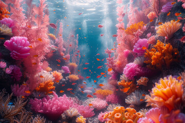 Naklejka na ściany i meble A maximalist representation of underwater life unfolds, where a spectrum of colors showcases the diversity and beauty of marine creatures in a lively and dynamic aquatic scene. Generative Ai.