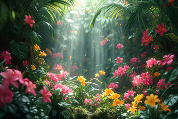 Fototapeta na wymiar A maximalist explosion of colors in a tropical paradise scene captures the lush beauty and vibrancy of nature, symbolizing the richness of biodiversity in a lively ecosystem. Generative Ai.