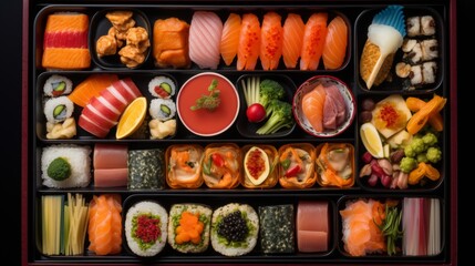 Artful arrangement of a bento box, highlighting the variety of ingredients, textures, and colors in a visually appealing composition