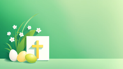 Easter Sunday with cross symbol green background. Christian day illustration template for poster, presentation, banner, social media.