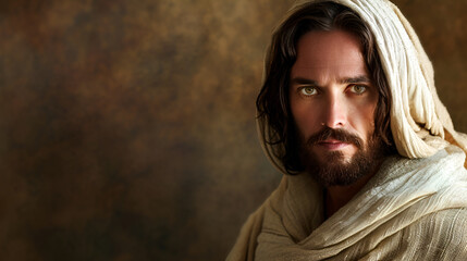 Fototapeta premium Dramatic portrait of a serious Jesus Christ with expressive eyes, looking at the camera on a dark brown background with space for text