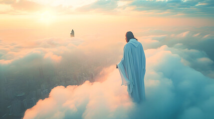 Jesus Christ stands in heaven with clouds at dawn and watches and blesses a large modern city with...