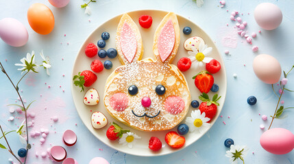 Easter children's breakfast, Pancake in the shape of a cute Easter bunny face with berries and honey and colorful Easter eggs on a pastel blue background with copy space. - obrazy, fototapety, plakaty