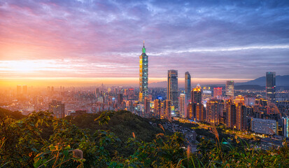 Taipei skyline panorama with view of Taipei 101 beautiful Taipei sunset, Taiwan city business...