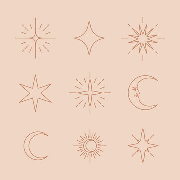 Ic&ocirc;nes Etoiles &eacute;l&eacute;gants, lune, soleil, constellation, astrologie. Illustration. Vecteurs	