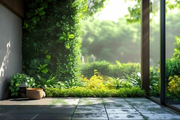 Serene Summer Garden with Trees, Pathways, and Blooming Flowers in a Park Landscape