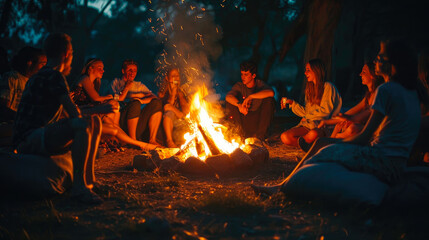 Fototapeta na wymiar Joyful Moments: Youthful Gathering at the Bonfire