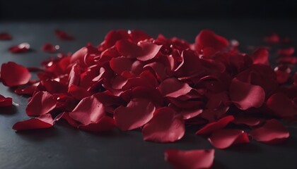 Red rose petals bunch on dark background, macro close-up, for weddings or valentines day 