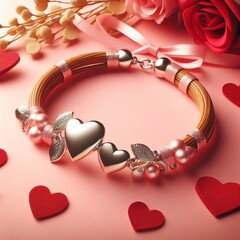 Valentines gift for her, bracelet with two hearts on a pink background, copy space
