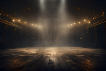 An empty stage with illuminated bright spotlights and a smoke effect , There is empty space in the stage background for copy space and text

