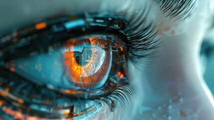 Close-up of woman's eye. High Technologies in the futuristic, representing surveillance and vision technology vision technology, control and security in the accesses technology, generative ai