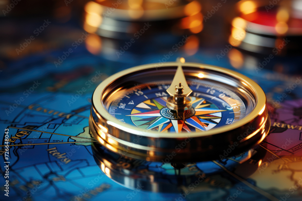 Poster a compass pointing in various directions, representing the exploration and navigation involved in th