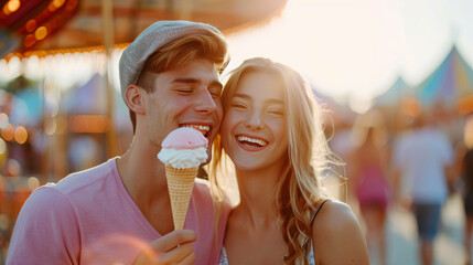 Candid Bliss: Couple Cherishing Ice Cream Magic Amidst Festivity