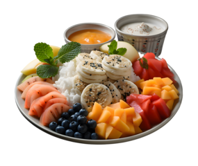 Isolated tray of assorted fruit, Nian gao and Stuffed Dough Pyramid Dessert for Chinese new year celebration on png background.